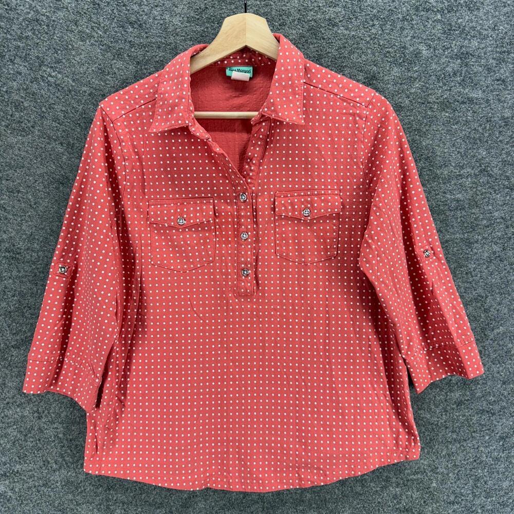 Sara Morgan Shirt Women M Medium Pink Polka Dot 3/4 Sleeve Button Up Collared